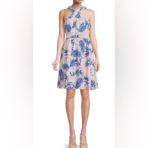 Bcbgmaxazria Beige Tropical Leaf Print V-neck Mini Dress Size S NWT (b19) - Picture 3 of 9